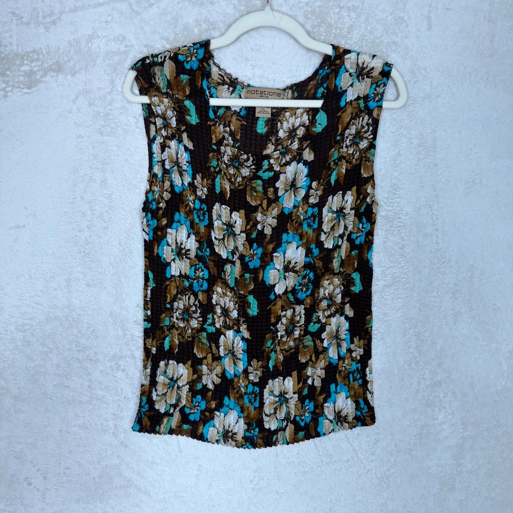 Vintage Notations Brown Teal Floral Popcorn Crinkle Sleeveless Top PL Textured